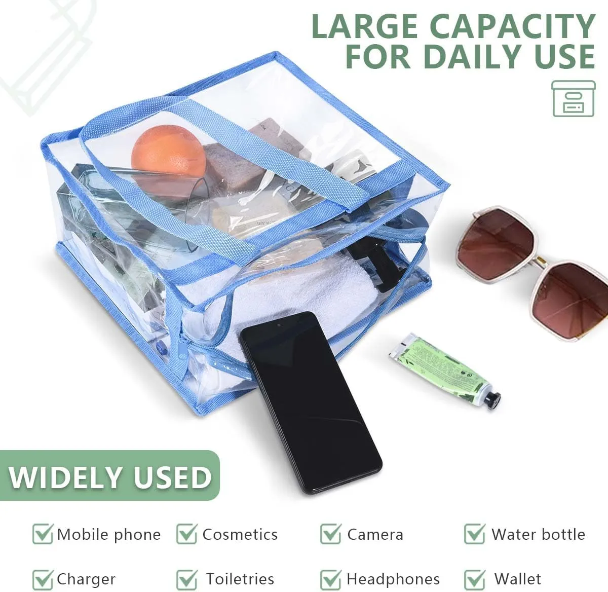 2 Pack Large Clear Stadium Approved Bags Plastic Tote Bags with Zippers and Handles for Concerts, Sporting Events, Gym
