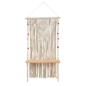 2.5’ x 1.5’ Bohemian Macrame Wall Hanging with Wooden Shelf