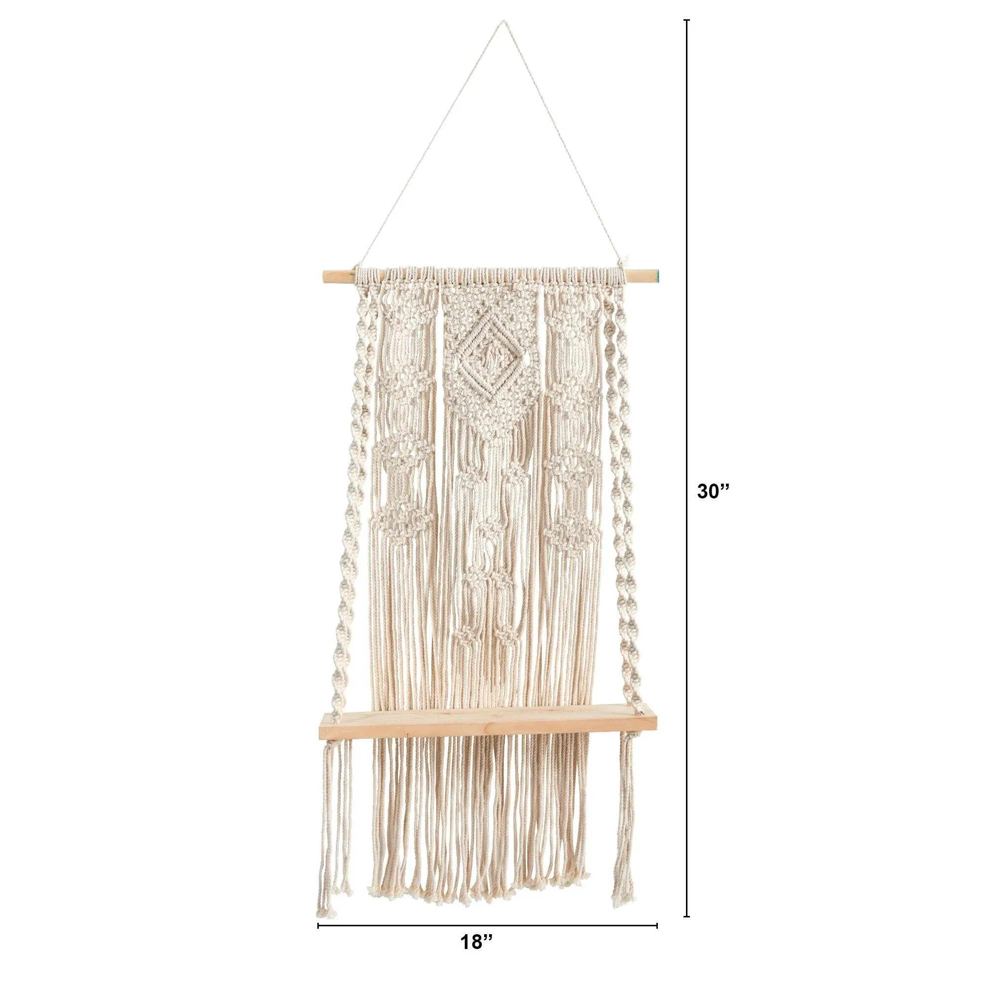 2.5’ x 1.5’ Hand Crafted Woven Macrame Wall Hanging with Wooden Shelf