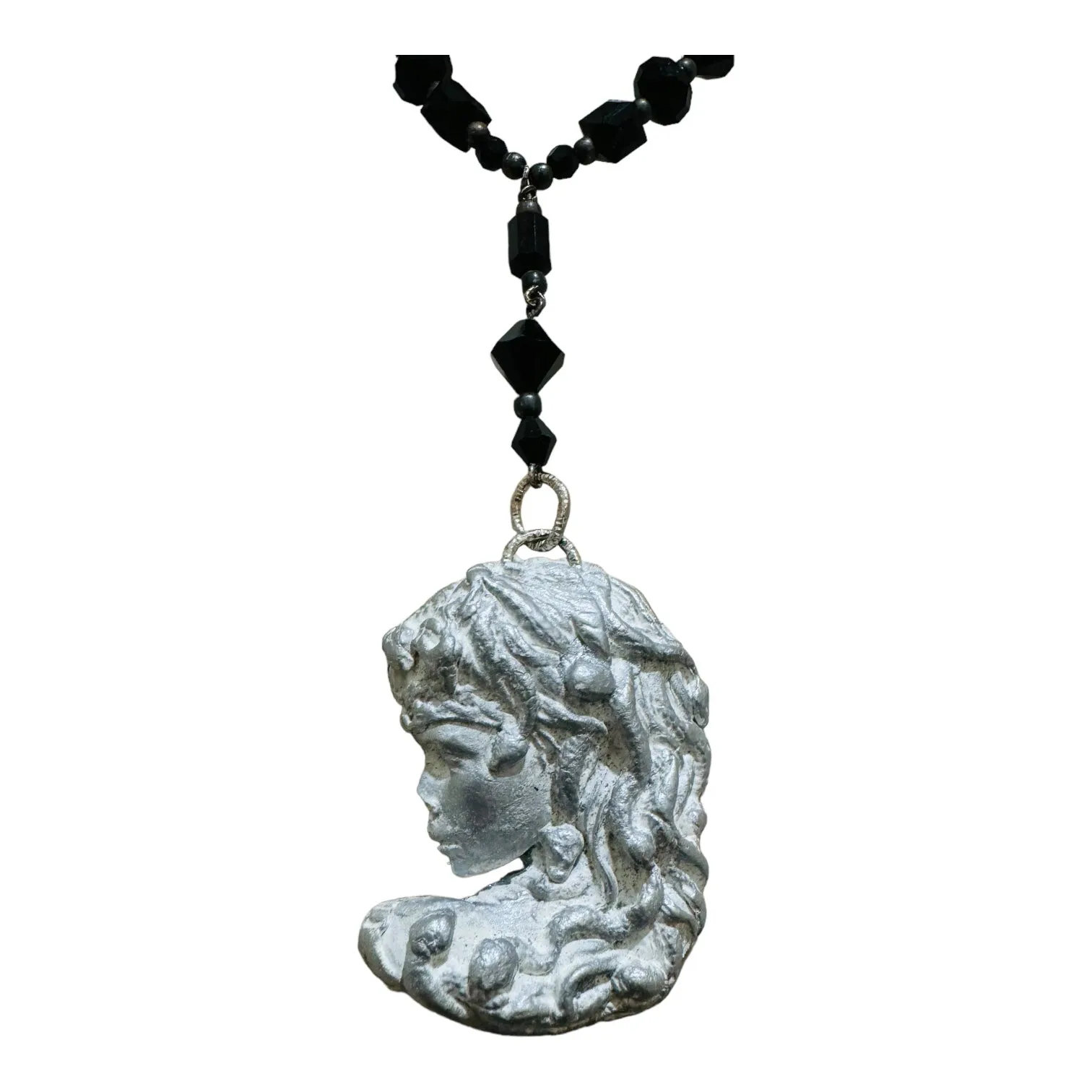 Art Nuveau Clay Lady Pendant with Artisan Crystal Bead Necklace