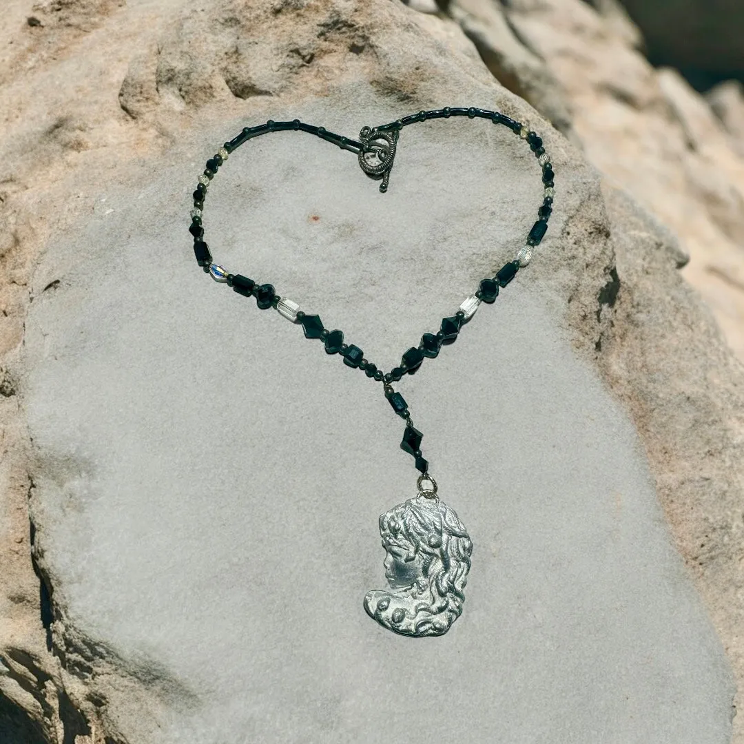 Art Nuveau Clay Lady Pendant with Artisan Crystal Bead Necklace