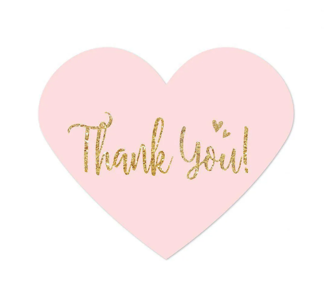 Blush Pink Gold Glitter Print Wedding Heart Label Thank You Stickers