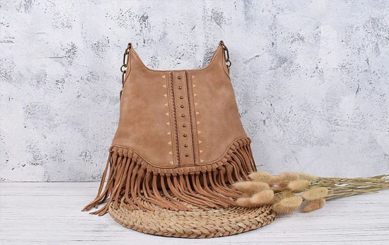 Boho Ladies Western Vegan Leather Purses With Suede Leather Fringe Shoulder Handbags for Women