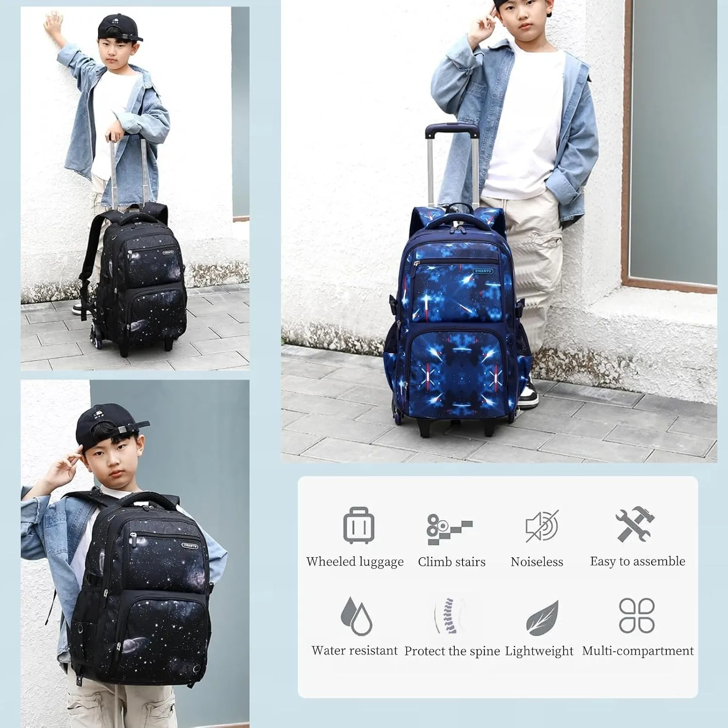 Boys Rolling Backpacks Kids' Luggage Wheeled Bags Kids Trolley School Bags Fashion Space Starry Sky Printed Durable Bookbag