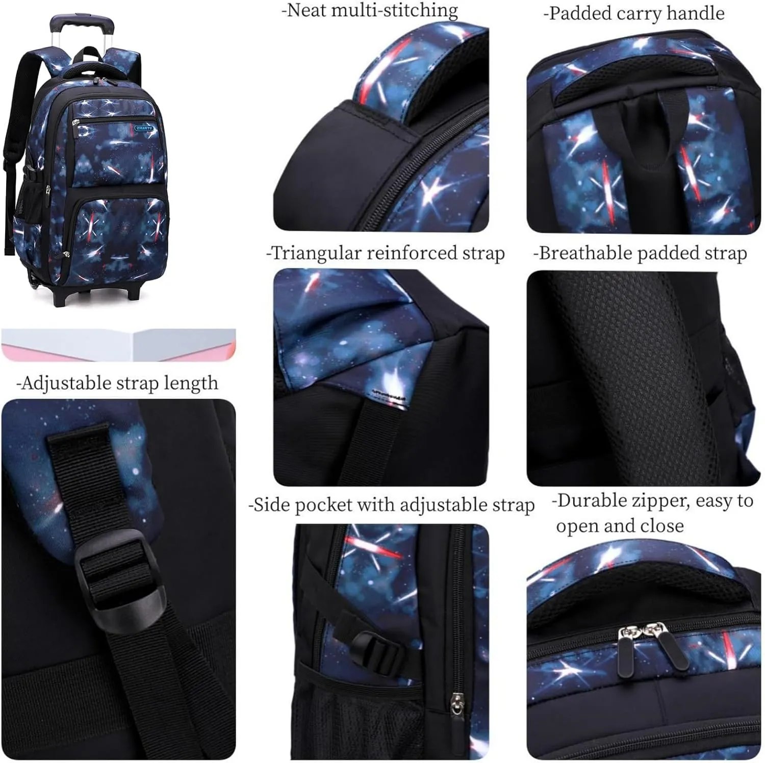 Boys Rolling Backpacks Kids' Luggage Wheeled Bags Kids Trolley School Bags Fashion Space Starry Sky Printed Durable Bookbag