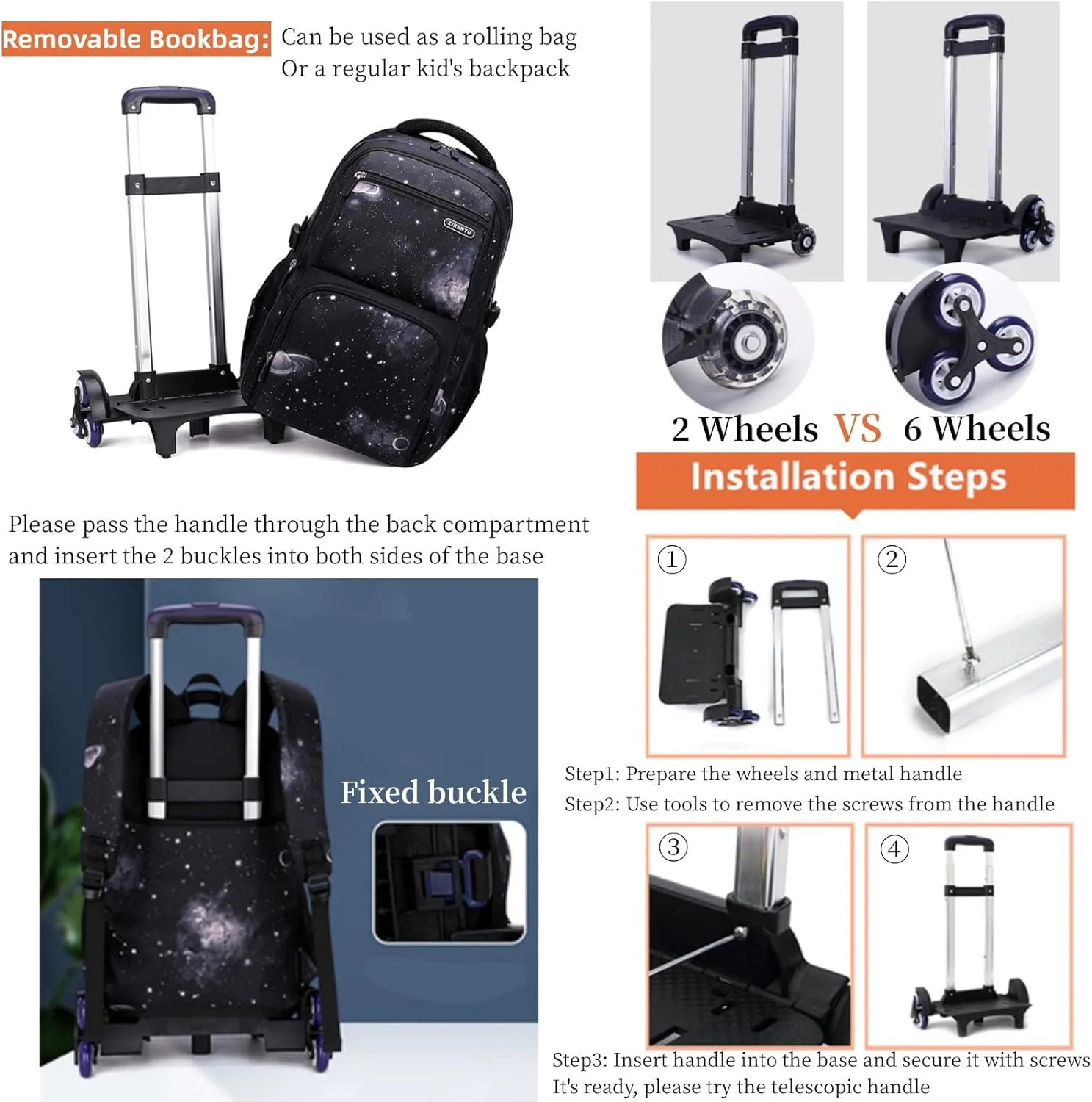 Boys Rolling Backpacks Kids' Luggage Wheeled Bags Kids Trolley School Bags Fashion Space Starry Sky Printed Durable Bookbag