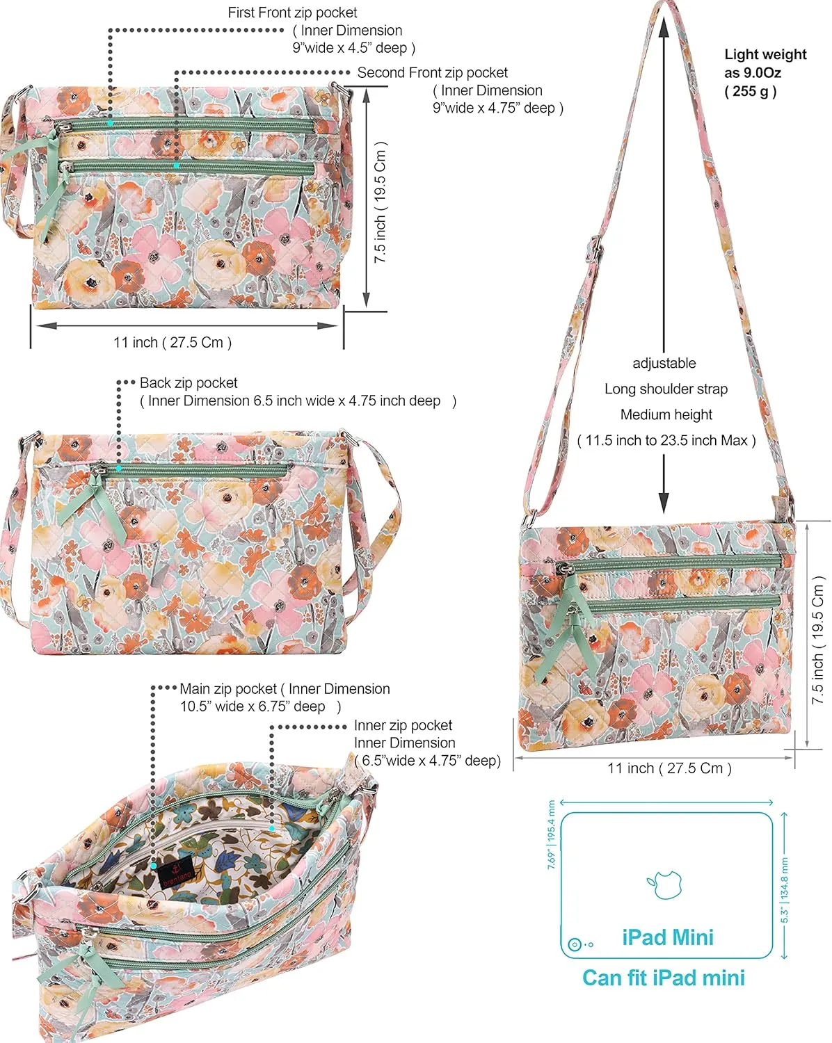 Brentano Cotton quilted Multi-zipper crossbody purse