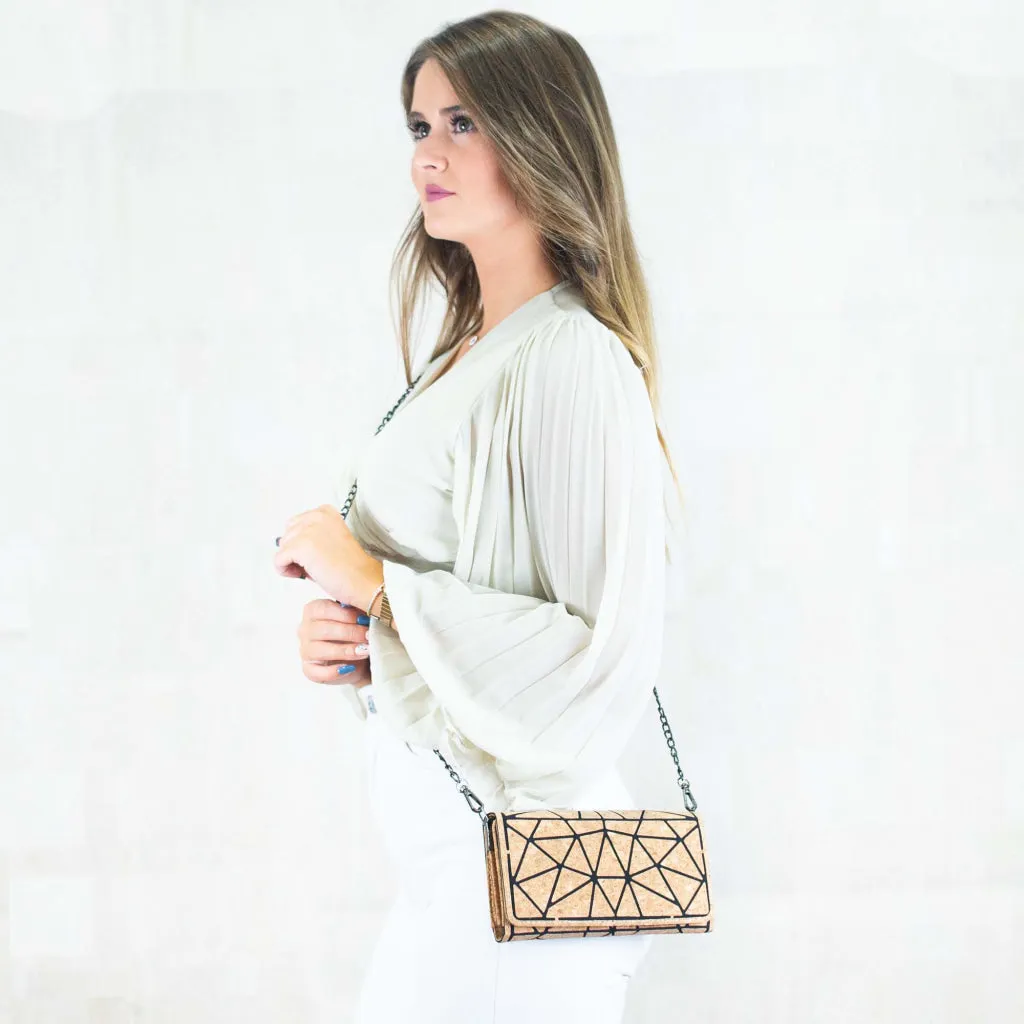 BUY 1 GET 1 FREE: Geometric Pattern Natural Cork with Chain Ladies phone Wallet and Crossbody Bag BAG-2217