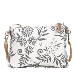 Canvas With Flowers And Fringe Trim Crossbody Bag Purse Blue White Tan