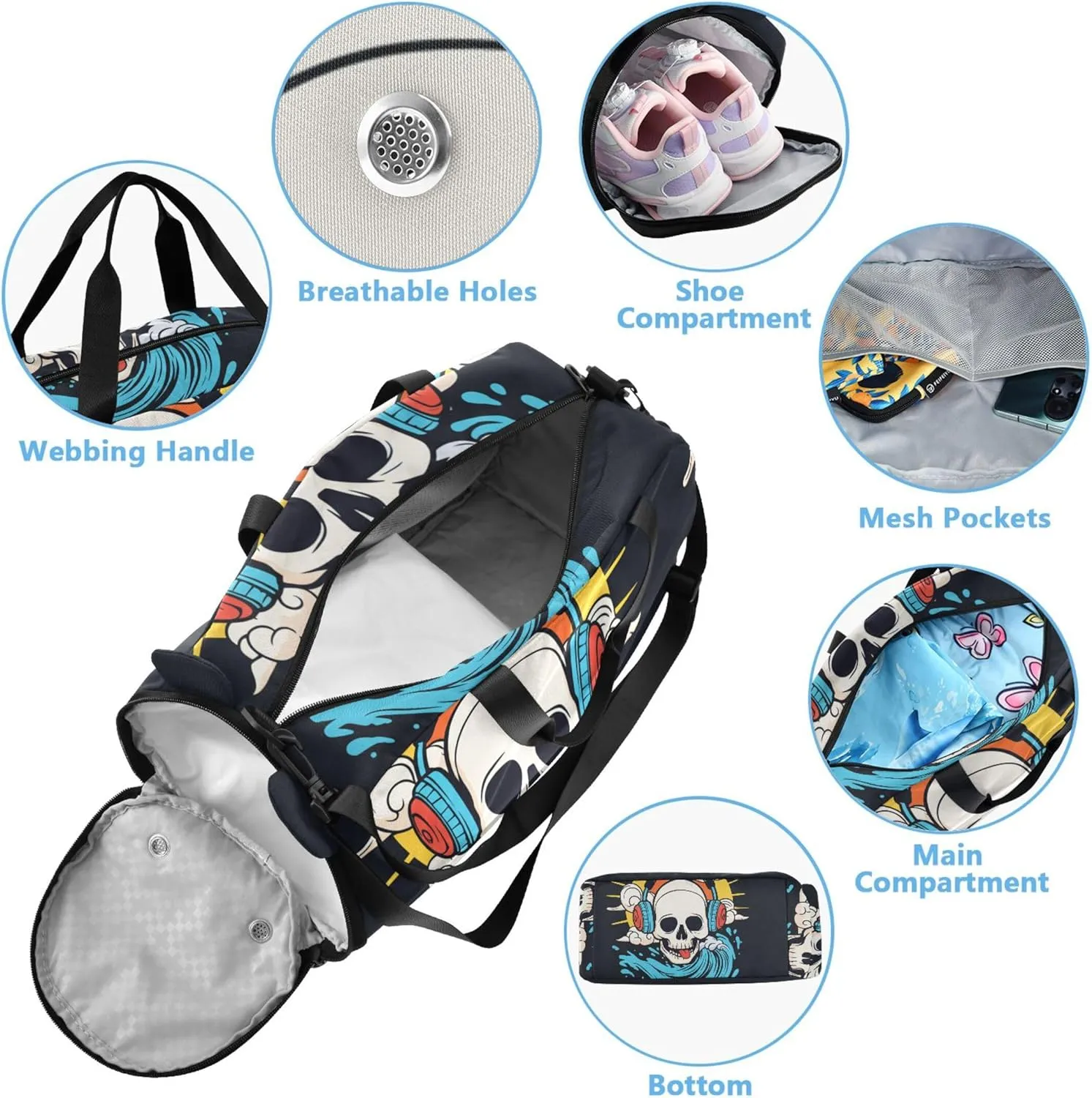 Carry on Duffel Bag Boys Overnight Weekender Duffel Girls Duffle Bags for Travel Shoe Compartment Funny Skull Rainbow