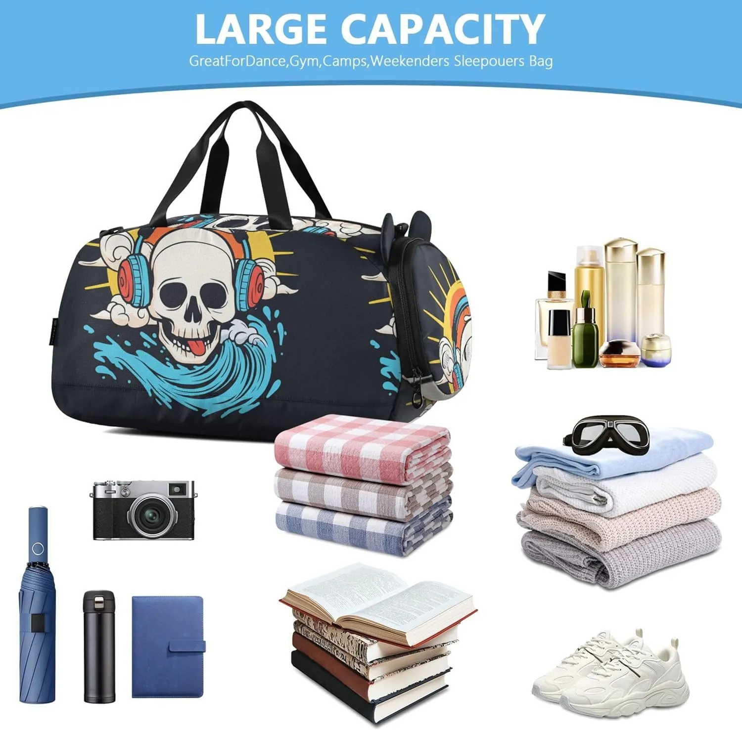 Carry on Duffel Bag Boys Overnight Weekender Duffel Girls Duffle Bags for Travel Shoe Compartment Funny Skull Rainbow