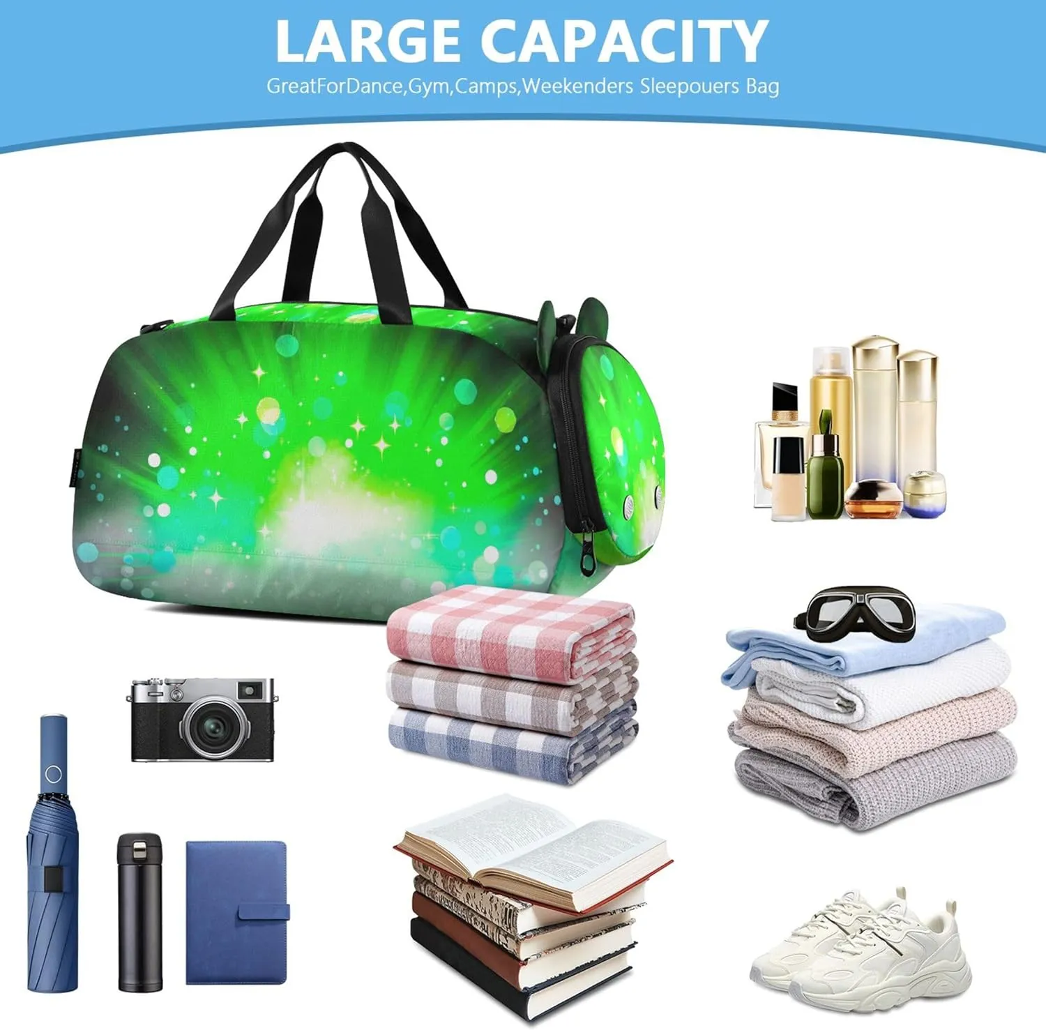 Carry on Duffel for Boys Overnight Bags Toddler Duffle Bags for Traveling Tote with Shoulder Strap Green Explosion Fog Bright
