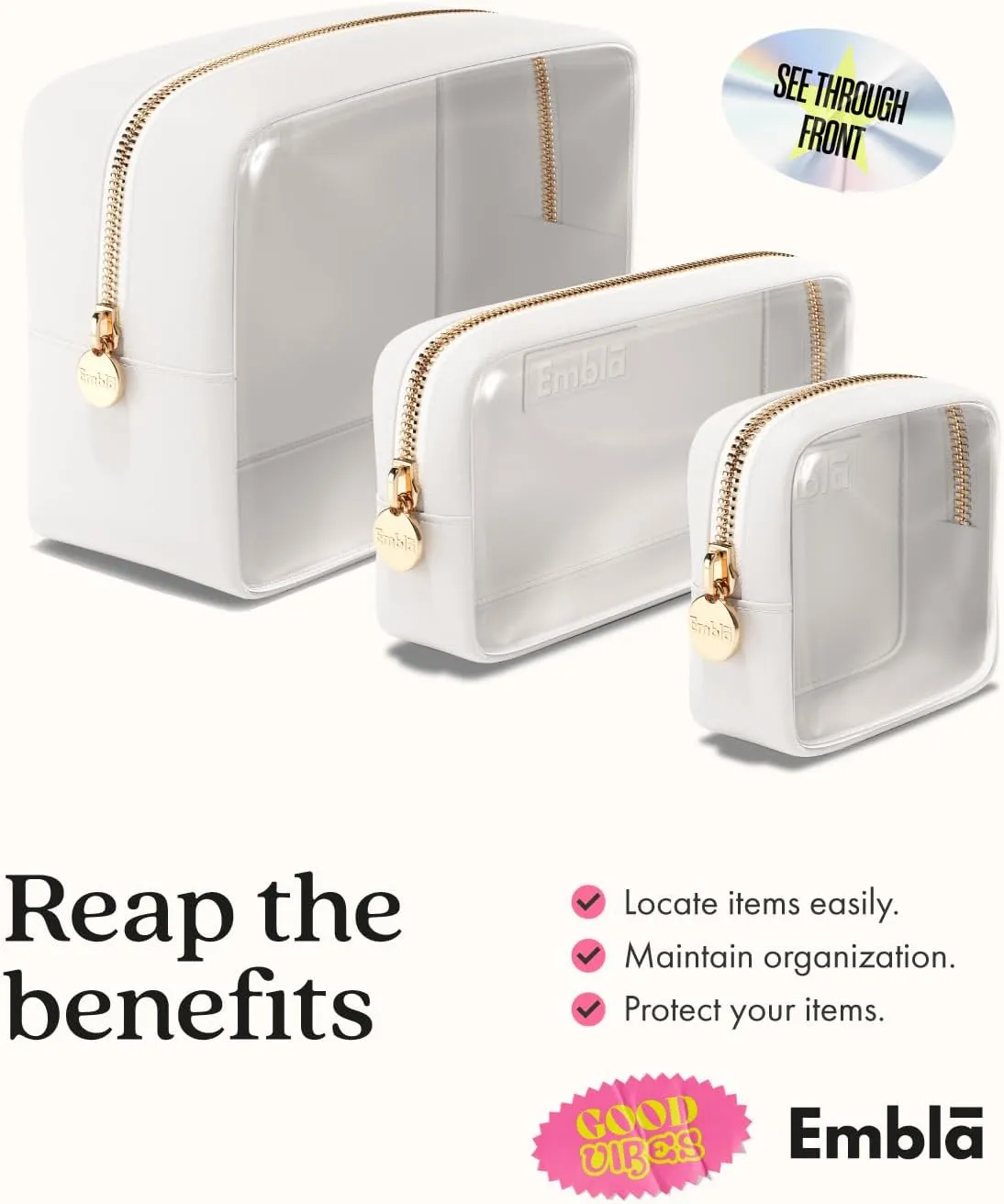 Clear Cosmetic Bags Set of 3, Mini Small Large Makeup Bags For Women Clear Pouch Cosmetics Cases Zipper Cute Pouches Make Up Travel Toiletry Essentials Preppy Purse Organizer Makeup Cases, White