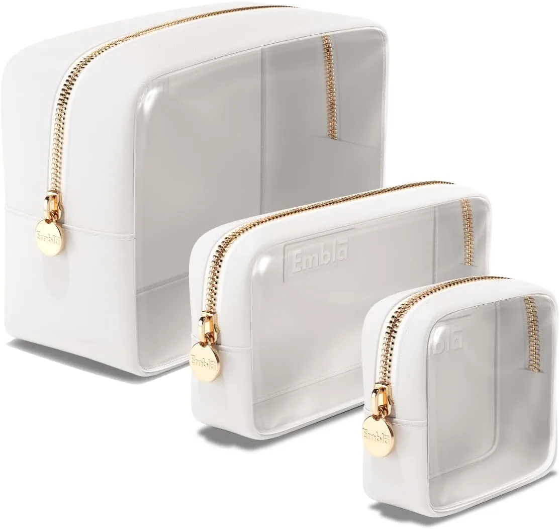Clear Cosmetic Bags Set of 3, Mini Small Large Makeup Bags For Women Clear Pouch Cosmetics Cases Zipper Cute Pouches Make Up Travel Toiletry Essentials Preppy Purse Organizer Makeup Cases, White