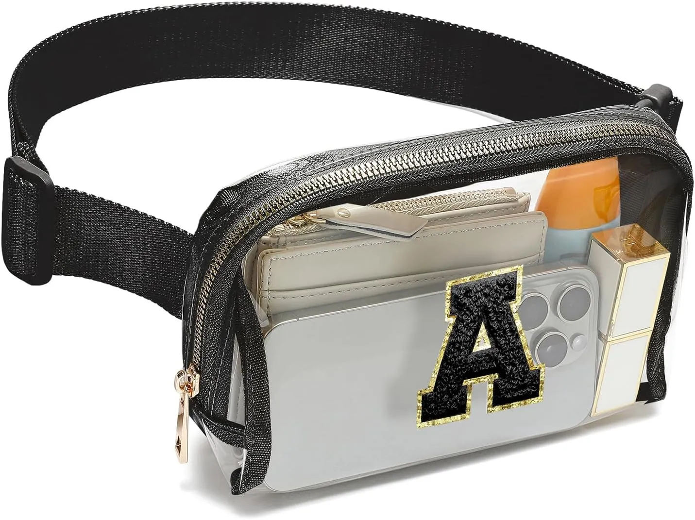 Clear Fanny Pack Belt Bag Stadium Approved for Women Men with Inital Letters Adjustable Strap Water-resistant Waist bag Clear Purse(Black,A)