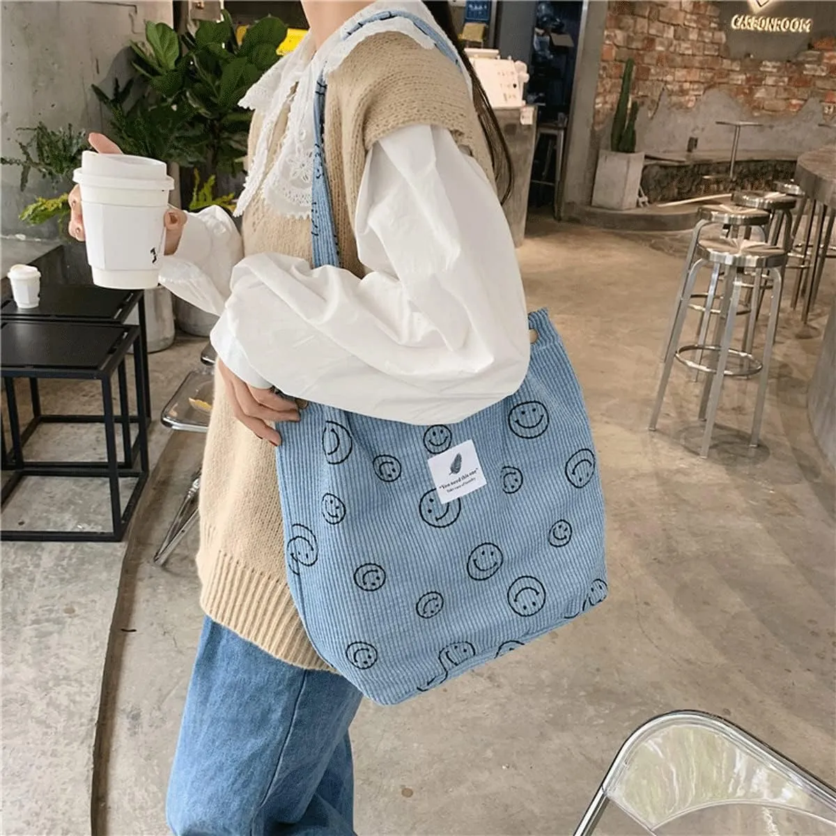 Corduroy Tote Bag Aesthetic Cute Tote Bags Large School Shoulder Bags for Girls Trendy Stuff