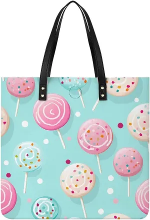Delicious Lollipops Leather Tote Bags Casual Shoulder Handbag Purses Portable Shopping Bag for Men Women