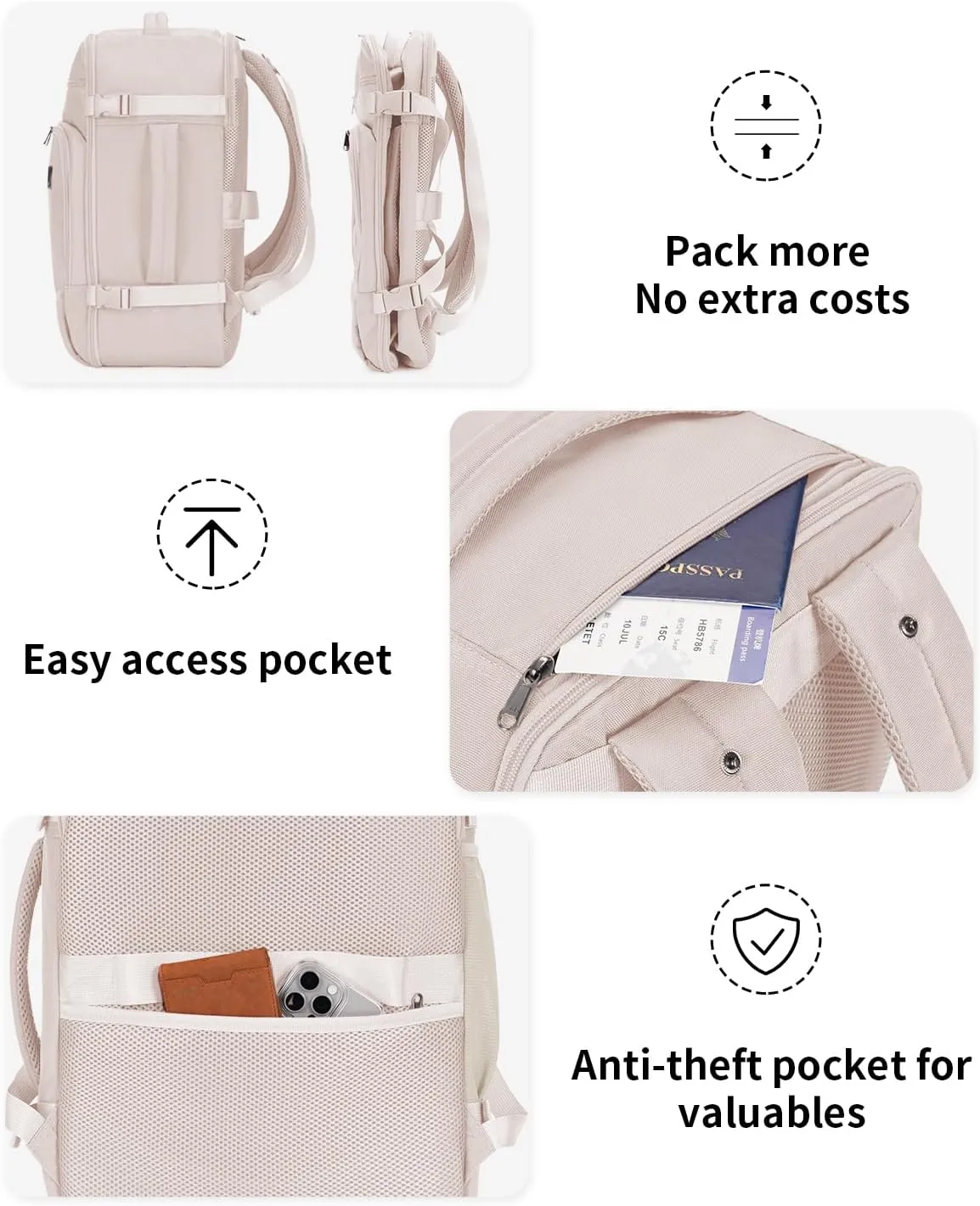 ECOHUB Travel Backpack for Women, 18x14x8 Spirit Airlines Personal Item Bag with Clear Toiletry Bag, Laptop Carry on Backpack with USB Port, Airline Approved Under Seat 14 Pockets 30L, Beign
