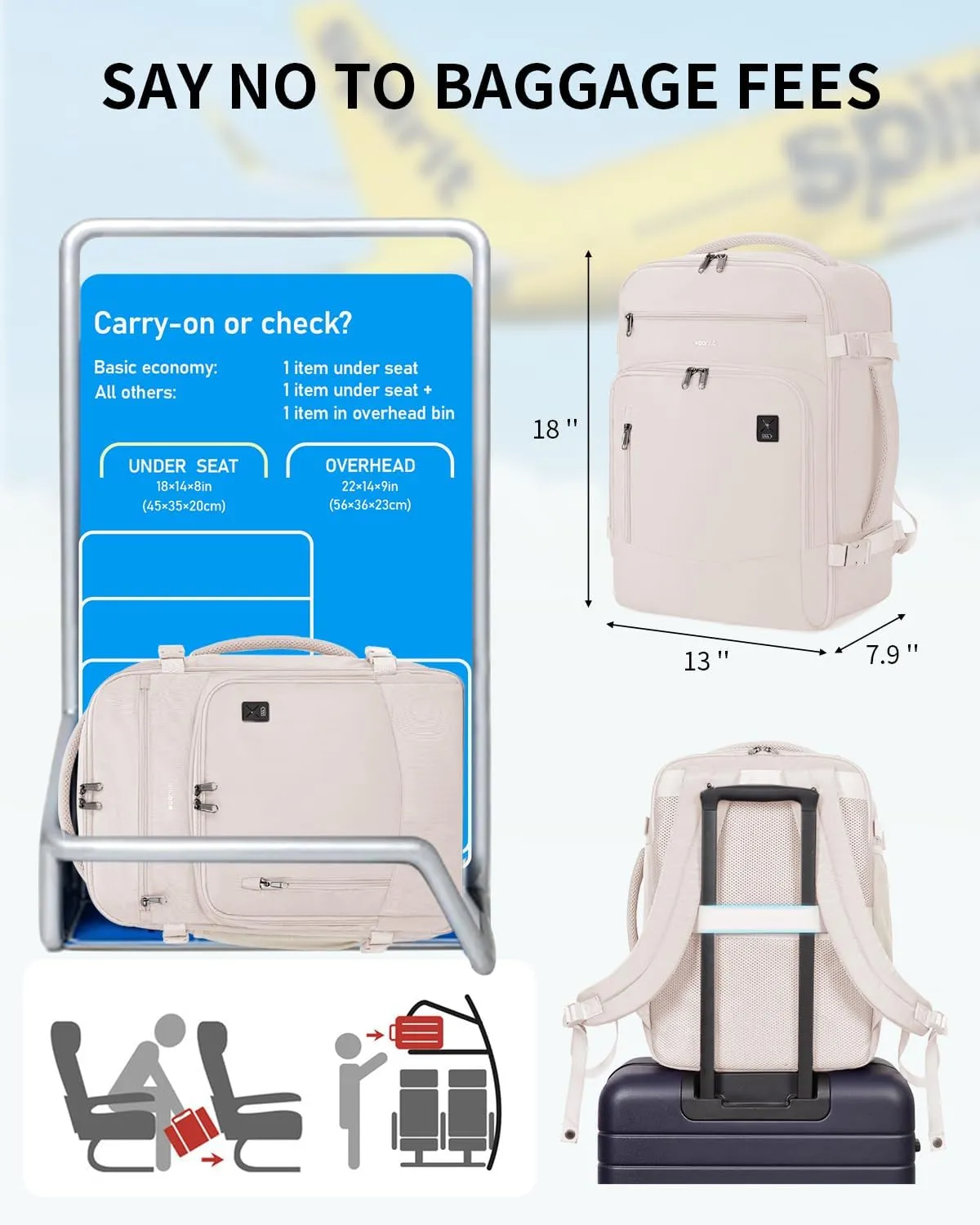 ECOHUB Travel Backpack for Women, 18x14x8 Spirit Airlines Personal Item Bag with Clear Toiletry Bag, Laptop Carry on Backpack with USB Port, Airline Approved Under Seat 14 Pockets 30L, Beign