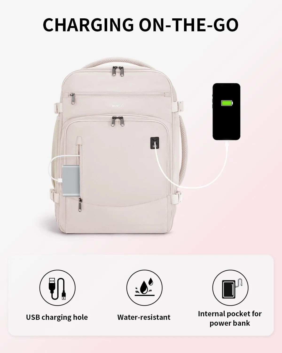 ECOHUB Travel Backpack for Women, 18x14x8 Spirit Airlines Personal Item Bag with Clear Toiletry Bag, Laptop Carry on Backpack with USB Port, Airline Approved Under Seat 14 Pockets 30L, Beign