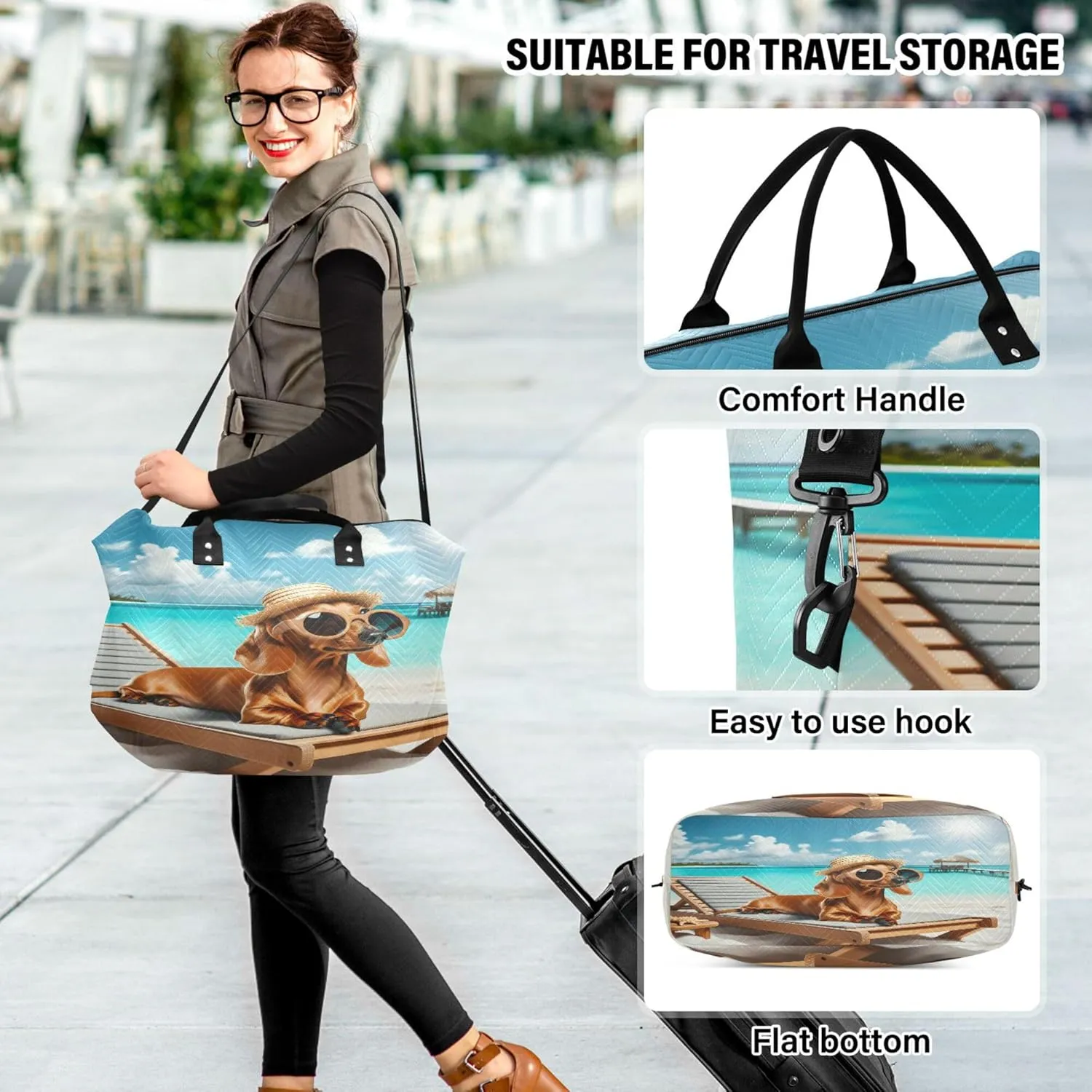 Exnundod Women Weekender Bags Summer Beach Dachshund Dog Travel Duffel Bags Carry On Overnight Bag Large Hospital Tote Luggage