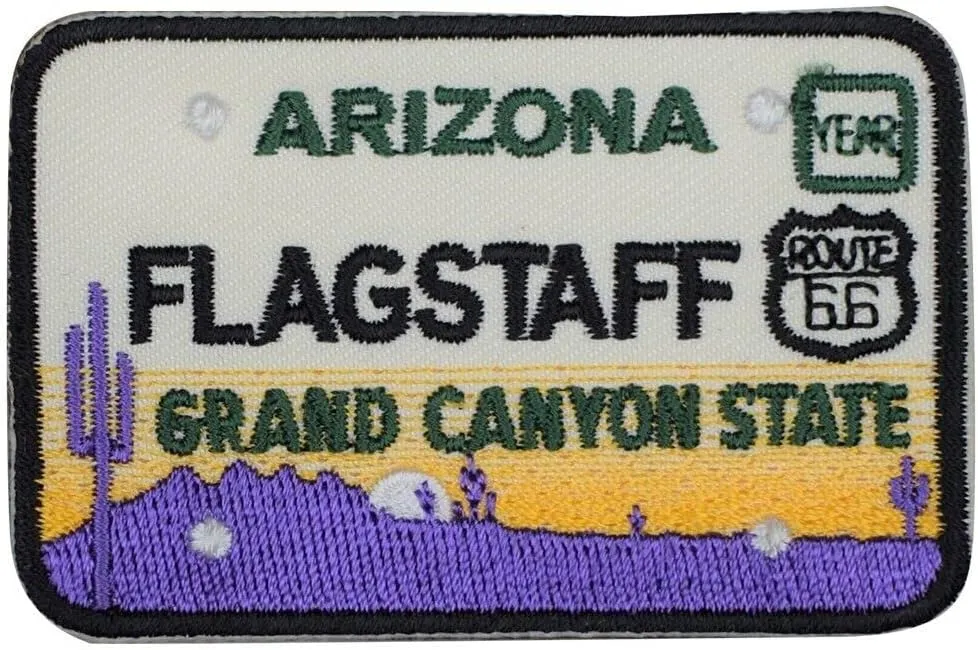 Flagstaff Iron on Applique Patch, Arizona Route 66 AZ License Plate Grand Canyon 2.75" - for Hats, Shirts, Shoes, Jeans, Jacket