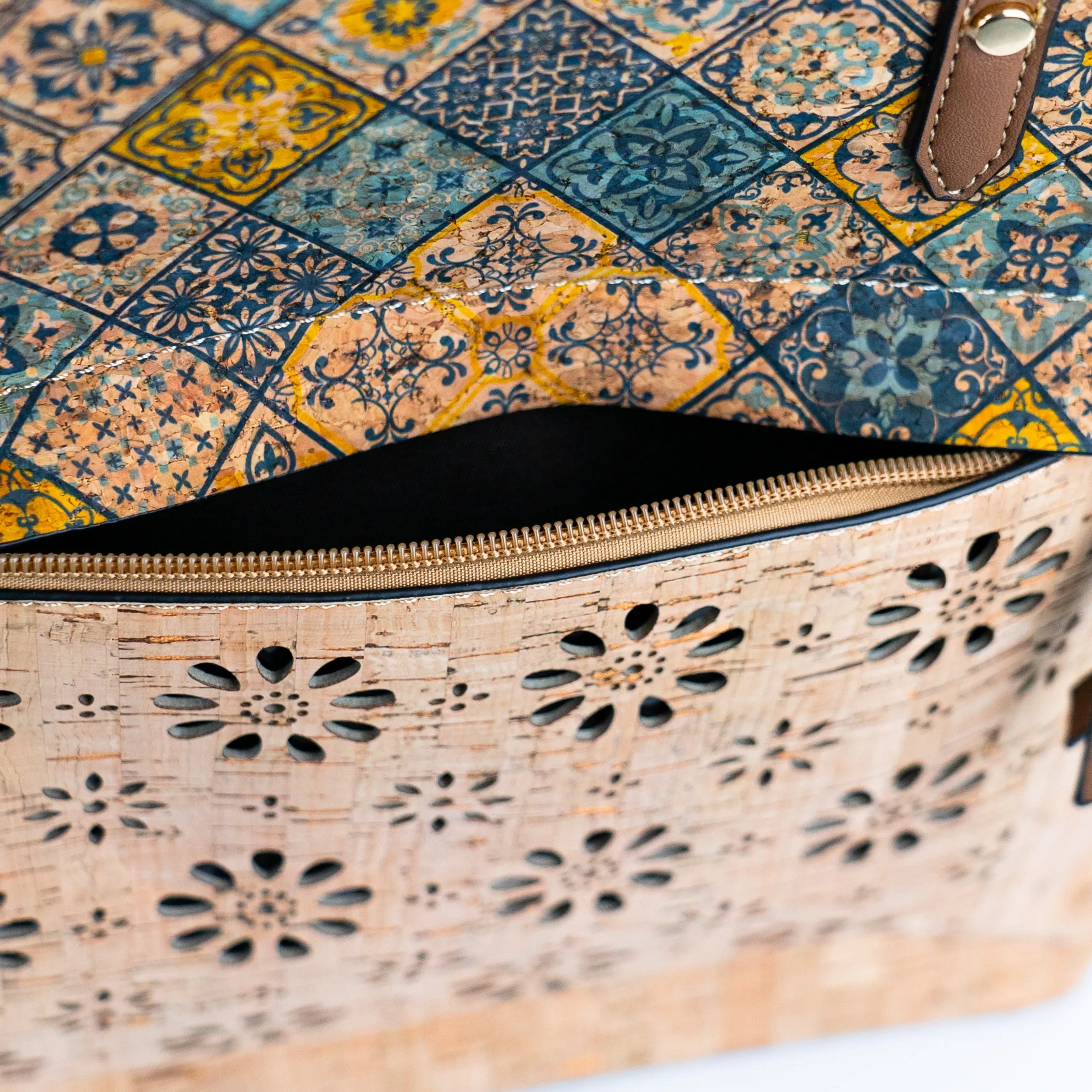 Flash Sale Natural Cork and Cut-Out Printed Cork Tote Bag with PU Handles BAG-2332