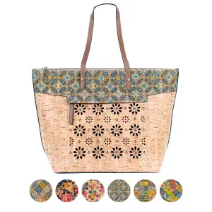 Flash Sale Natural Cork and Cut-Out Printed Cork Tote Bag with PU Handles BAG-2332
