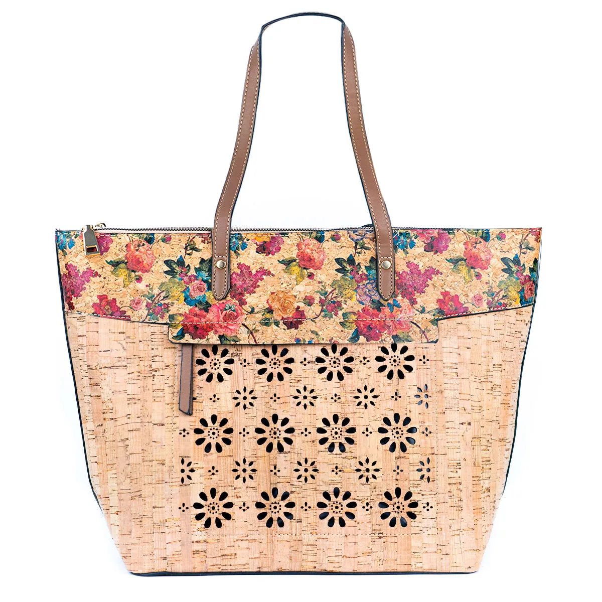 Flash Sale Natural Cork and Cut-Out Printed Cork Tote Bag with PU Handles BAG-2332