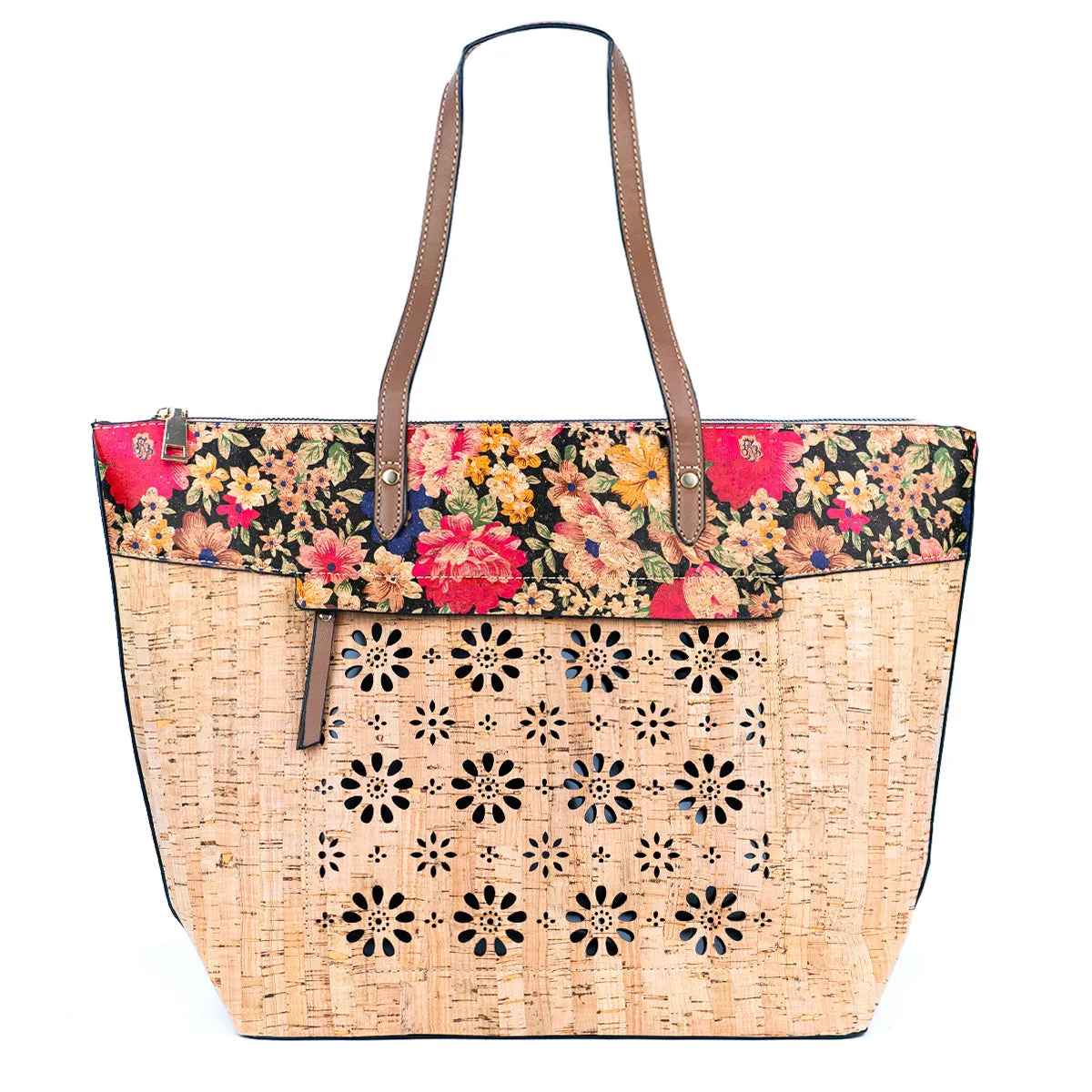 Flash Sale Natural Cork and Cut-Out Printed Cork Tote Bag with PU Handles BAG-2332