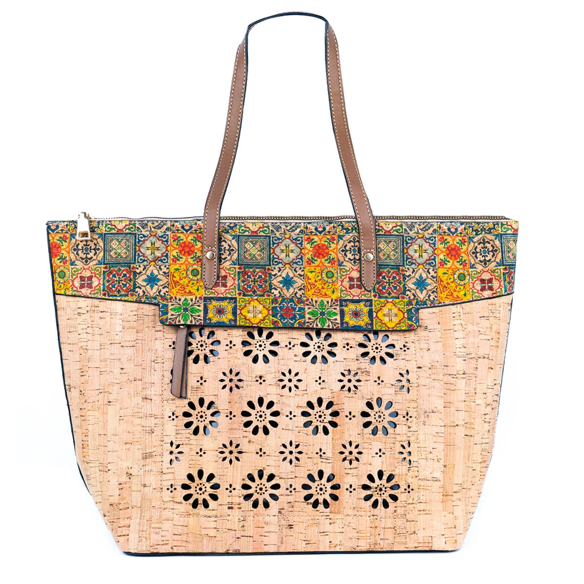 Flash Sale Natural Cork and Cut-Out Printed Cork Tote Bag with PU Handles BAG-2332