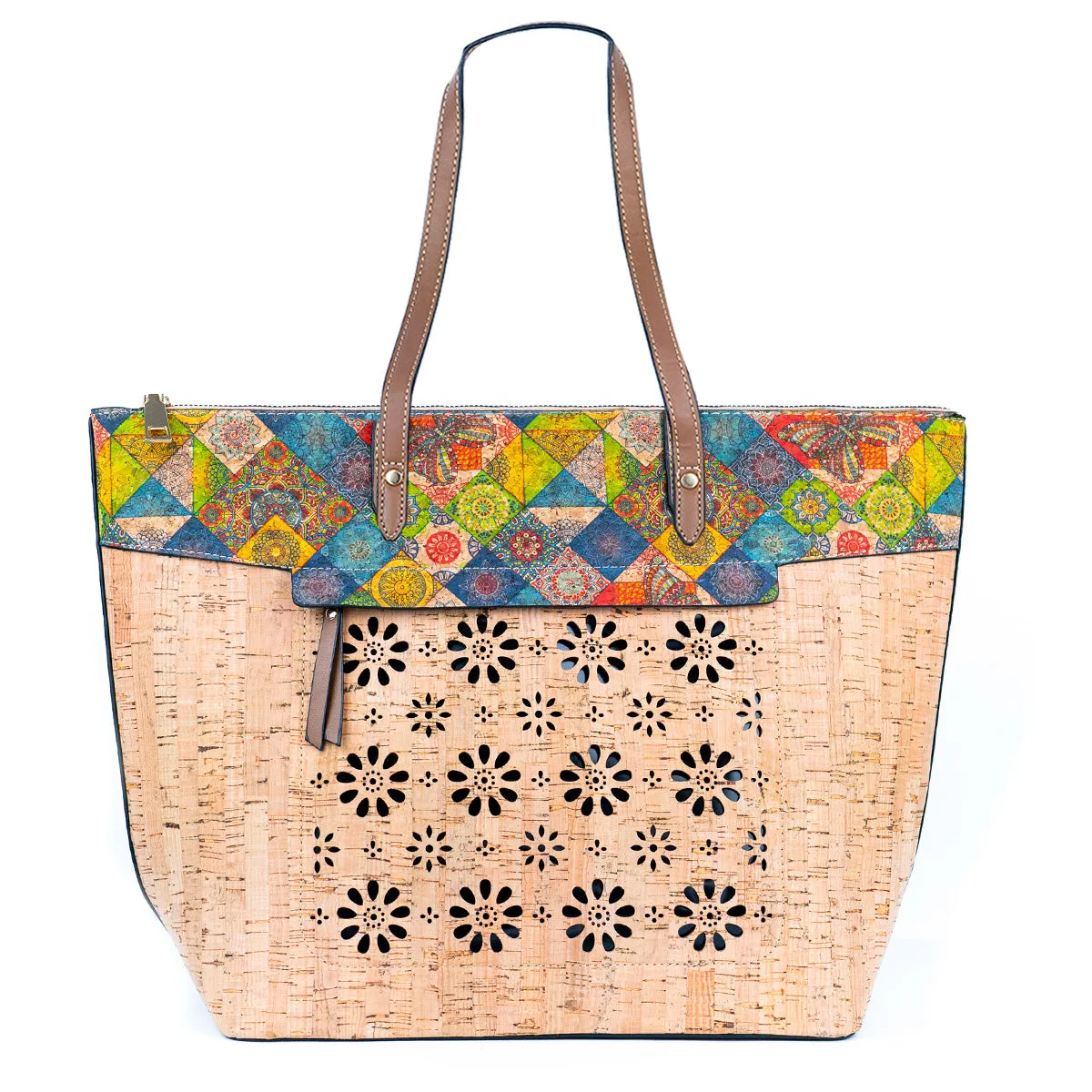 Flash Sale Natural Cork and Cut-Out Printed Cork Tote Bag with PU Handles BAG-2332