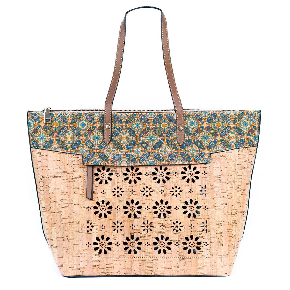 Flash Sale Natural Cork and Cut-Out Printed Cork Tote Bag with PU Handles BAG-2332