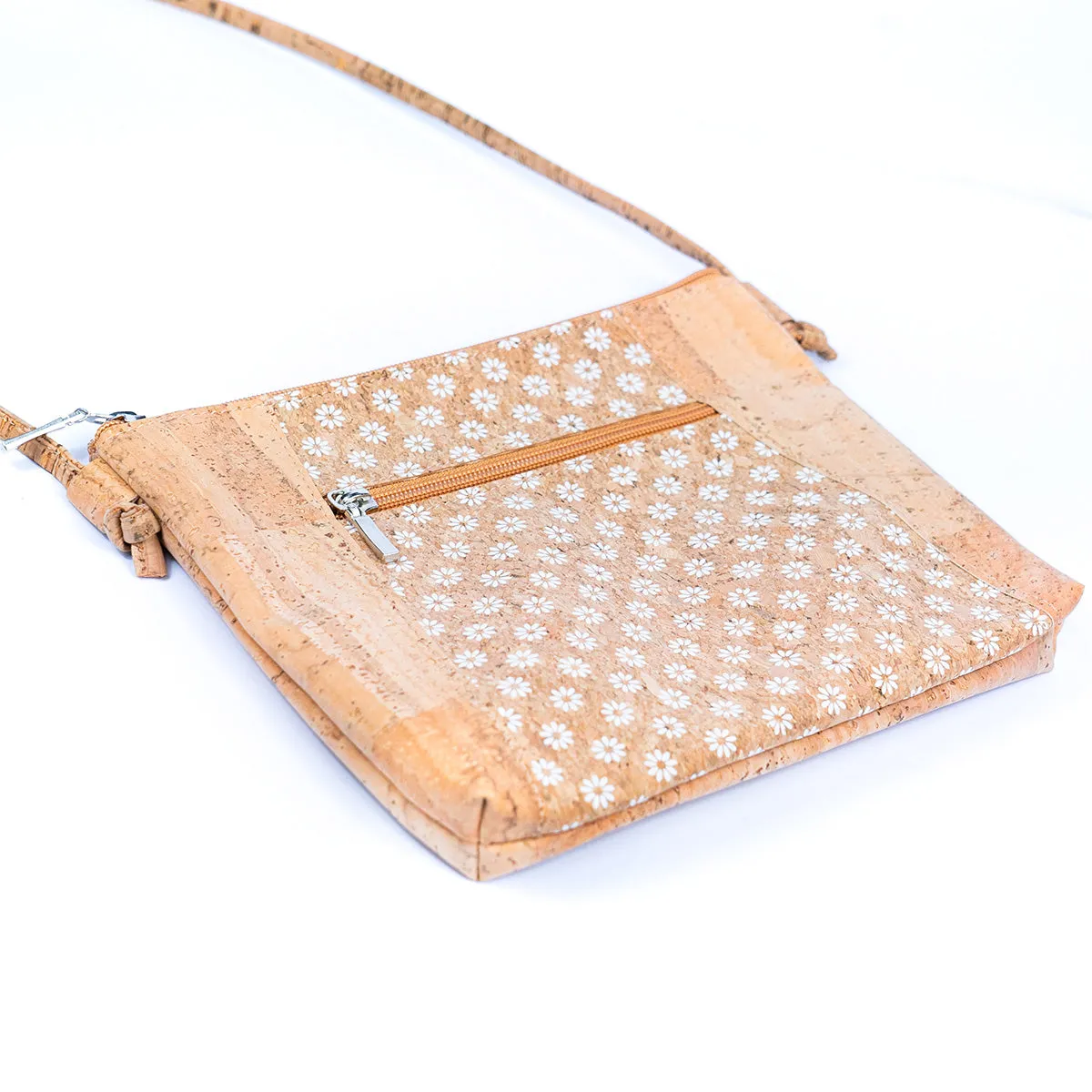 Floral White Print Cork Shoulder Bag with Zippered Pockets BAGP-258