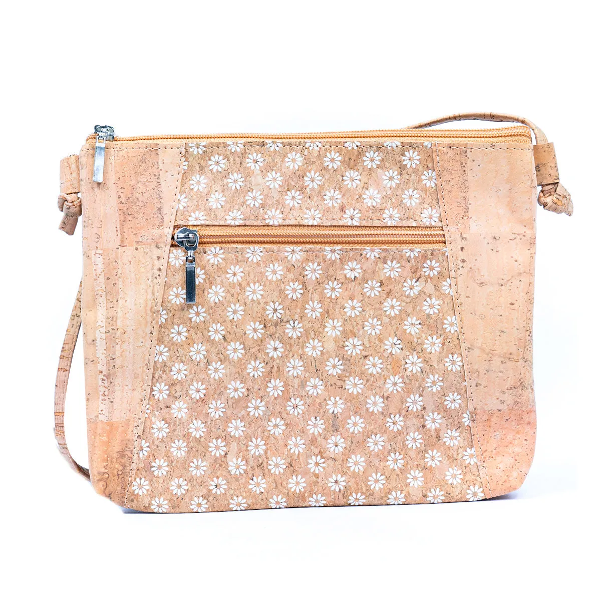 Floral White Print Cork Shoulder Bag with Zippered Pockets BAGP-258