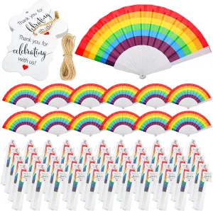 Geetery 80 Sets Rainbow Hand Fans with Paper Thank You Tag and Drawstring White Organza Bags Mesh Gift Bags Handheld Foldable Fan Folding Pride Wedding Fans for Guests Rainbow Wedding Party