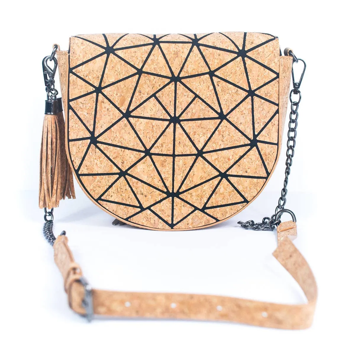 Geometric Patterned Cork Crossbody Bag with Irregular Half-Moon BAG-2264