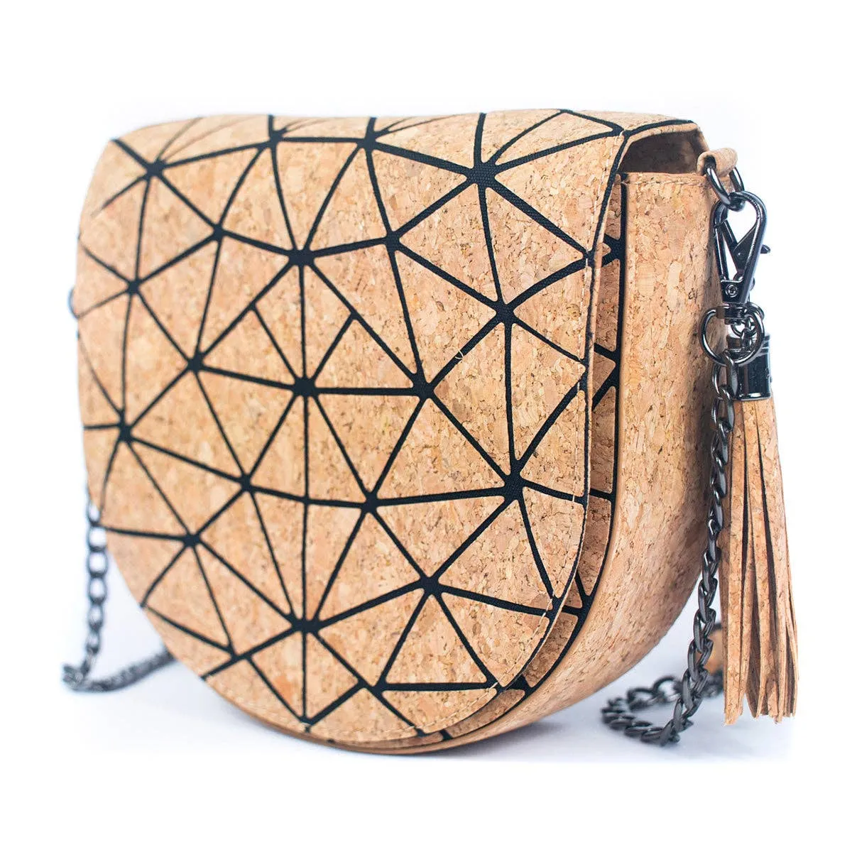 Geometric Patterned Cork Crossbody Bag with Irregular Half-Moon BAG-2264