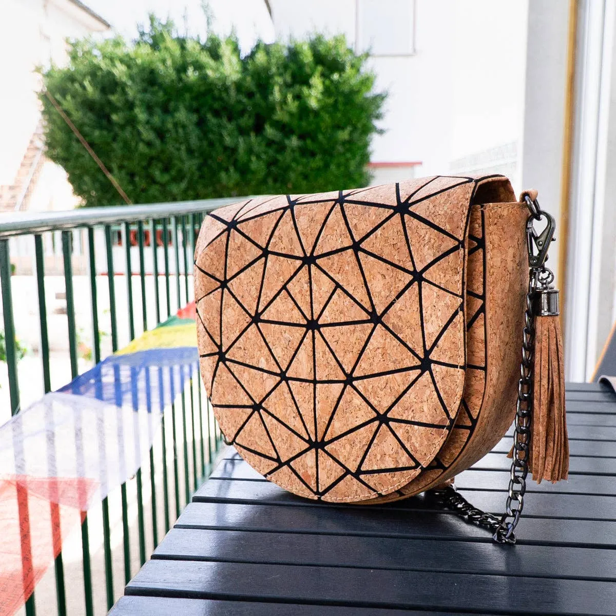 Geometric Patterned Cork Crossbody Bag with Irregular Half-Moon BAG-2264