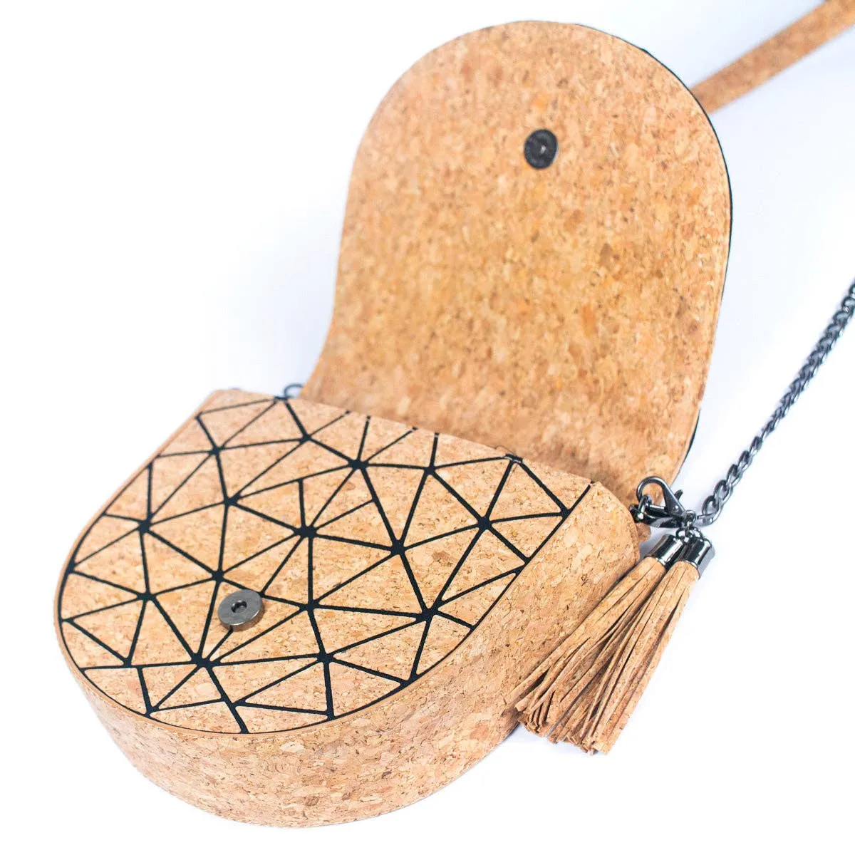 Geometric Patterned Cork Crossbody Bag with Irregular Half-Moon BAG-2264