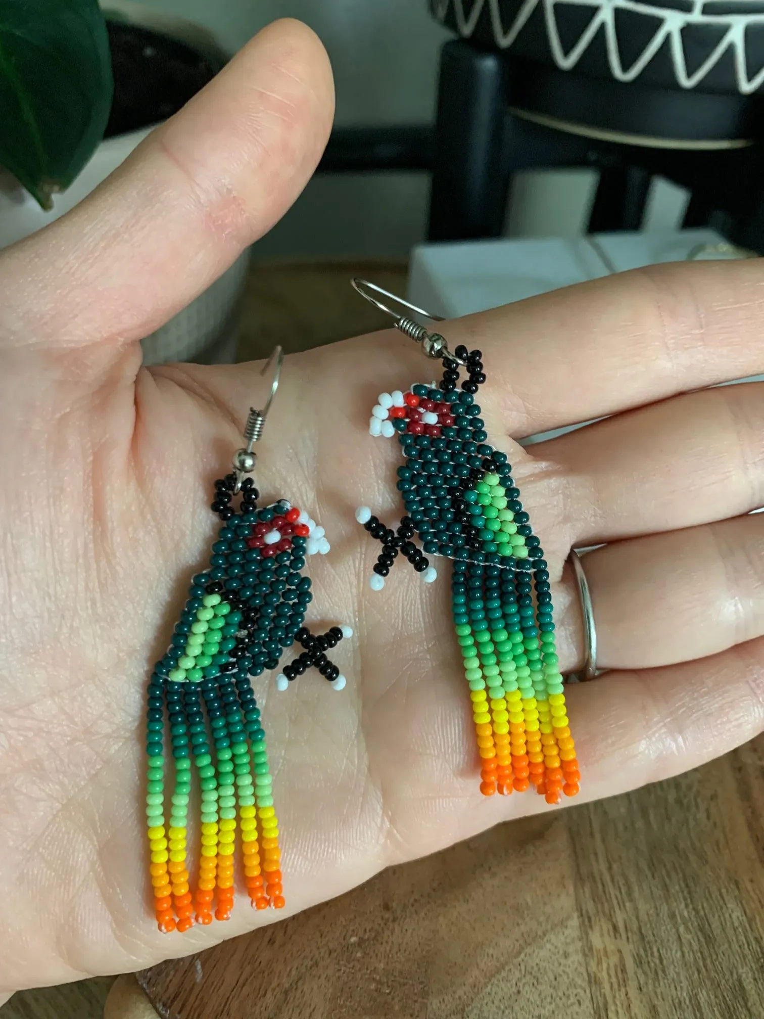 Green Beaded Parrot Earrings