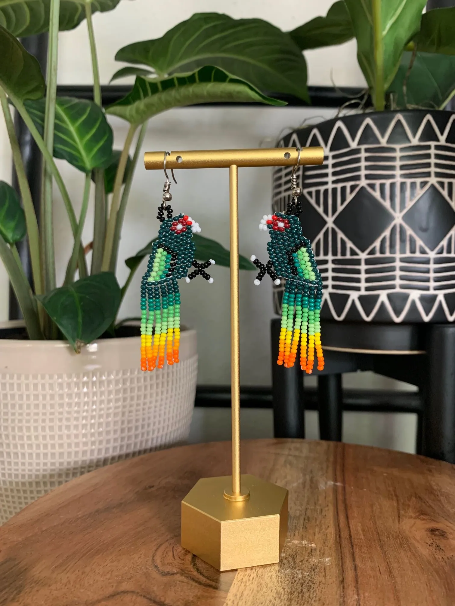 Green Beaded Parrot Earrings