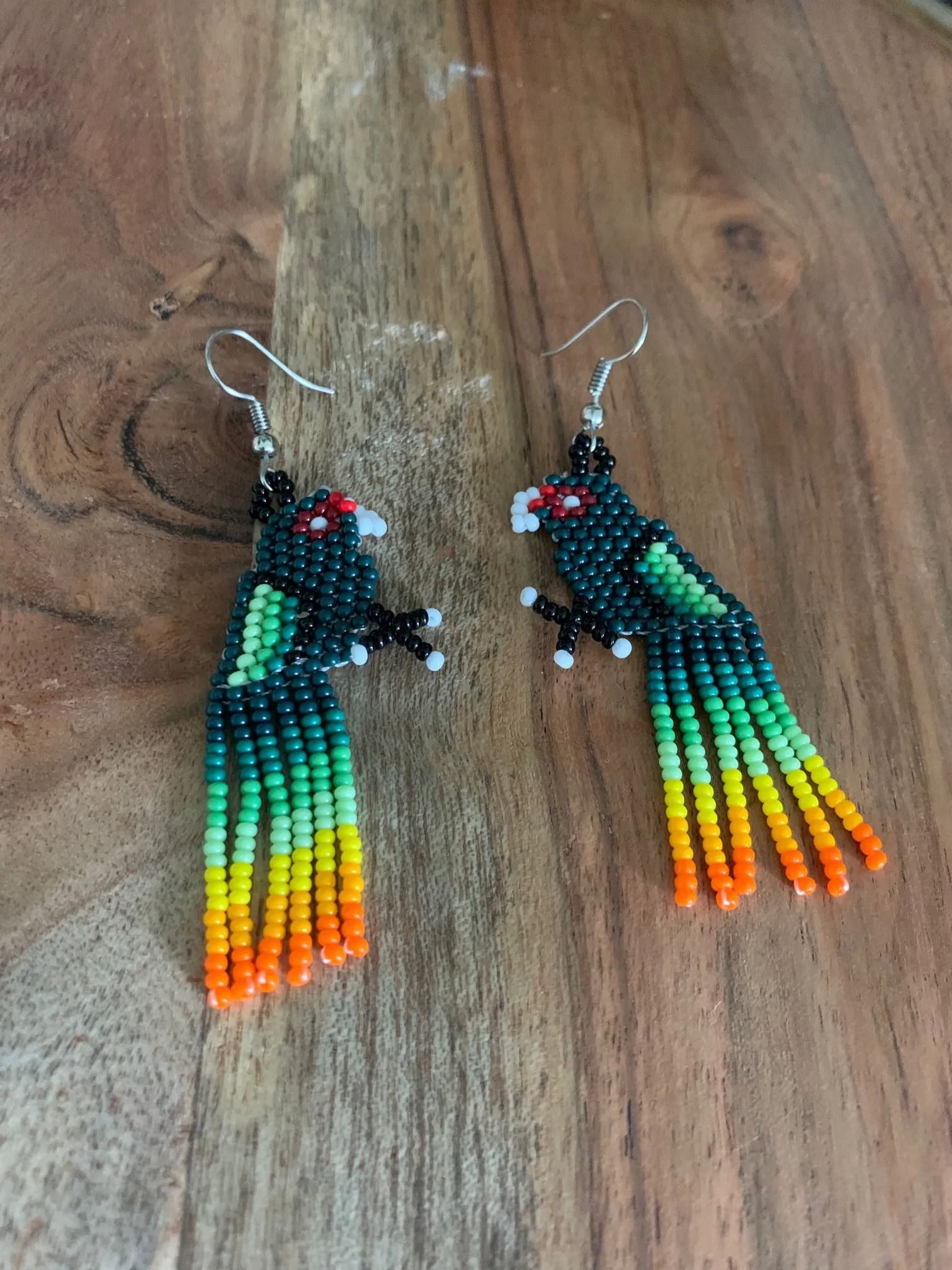 Green Beaded Parrot Earrings