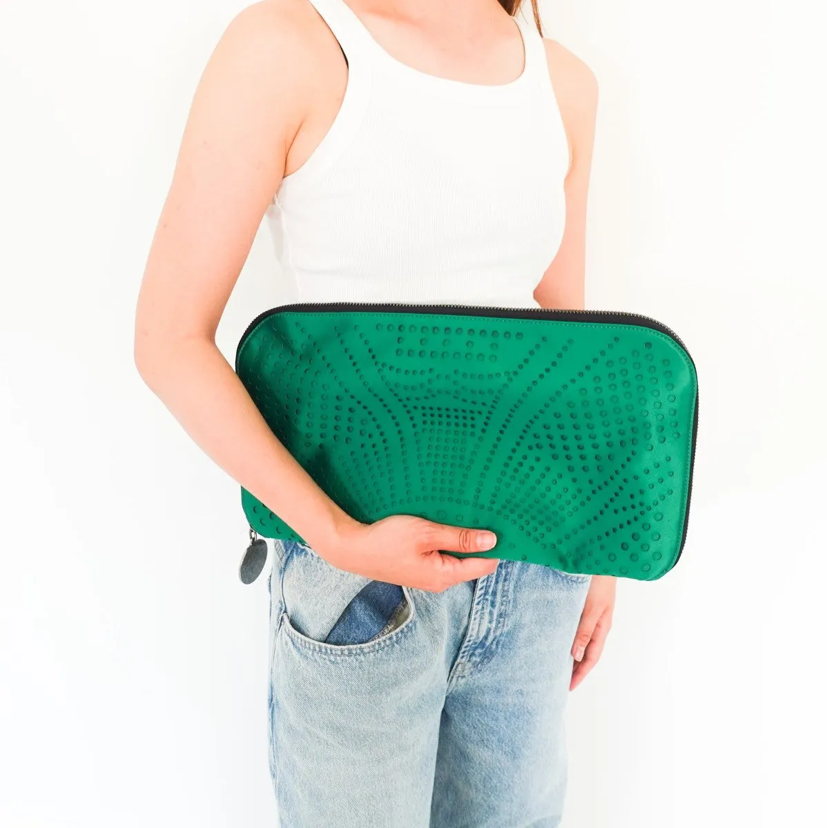 Green oversized zip around clutch RRP £525