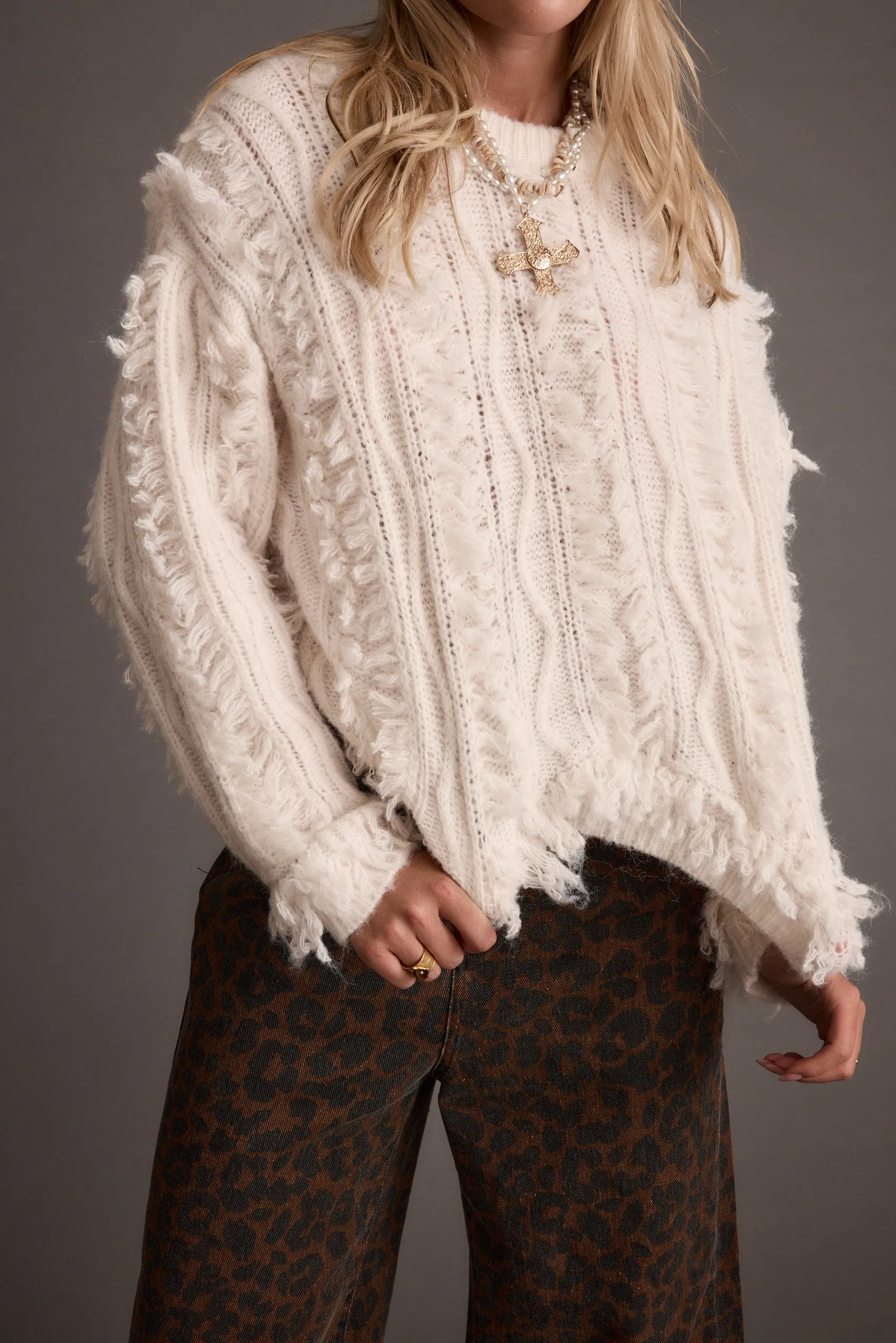 Lorie Beige Fringe Sweater