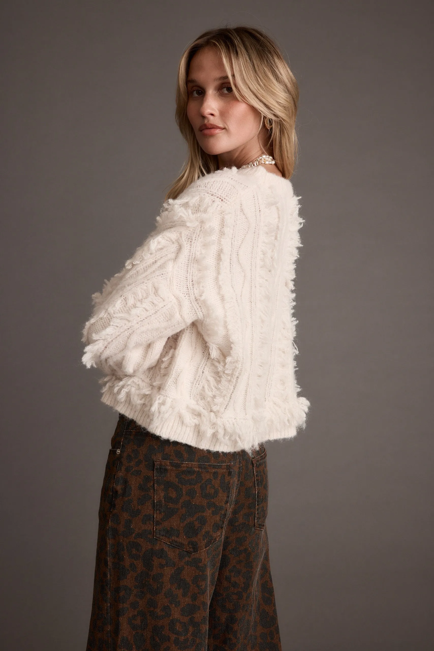 Lorie Beige Fringe Sweater