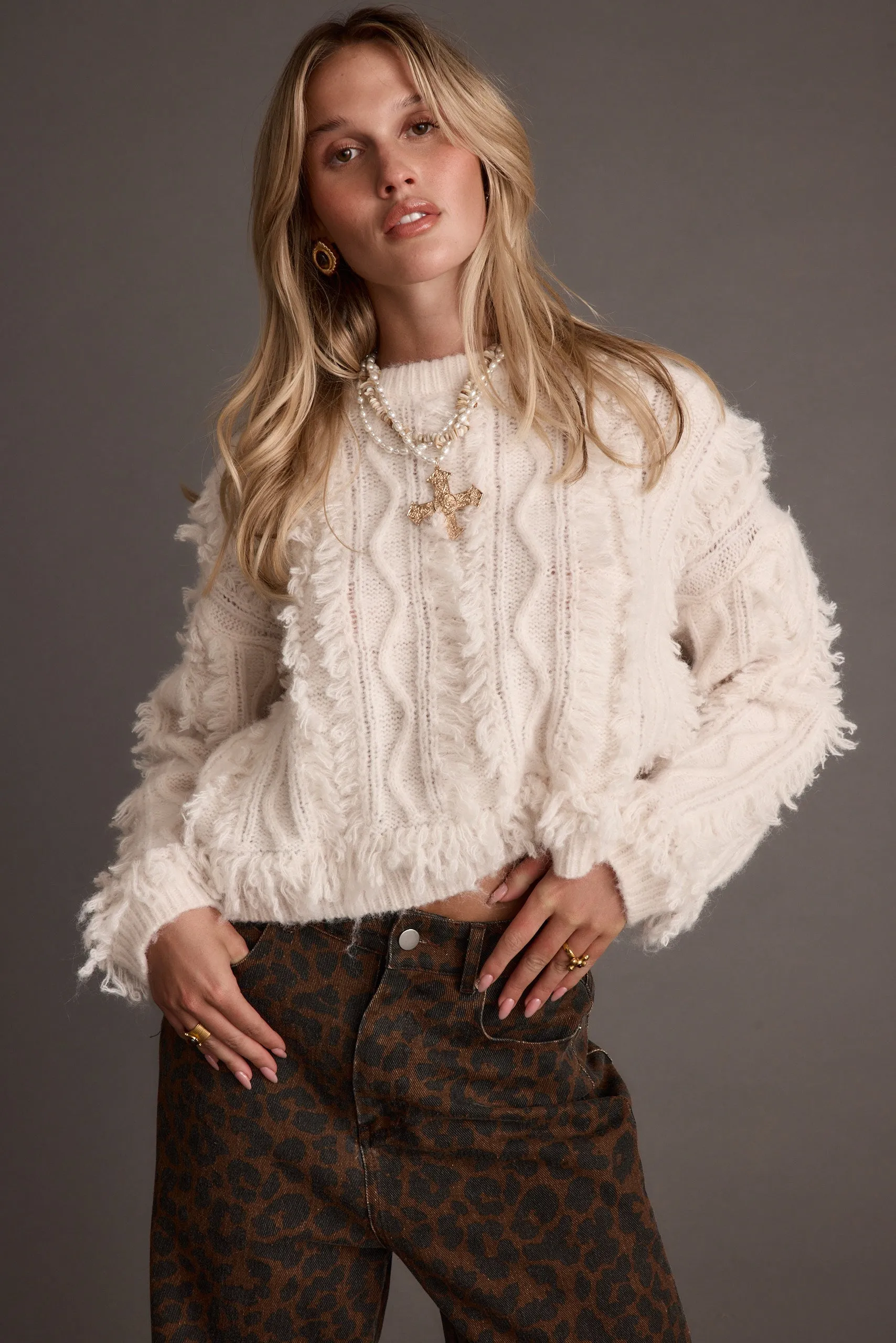 Lorie Beige Fringe Sweater