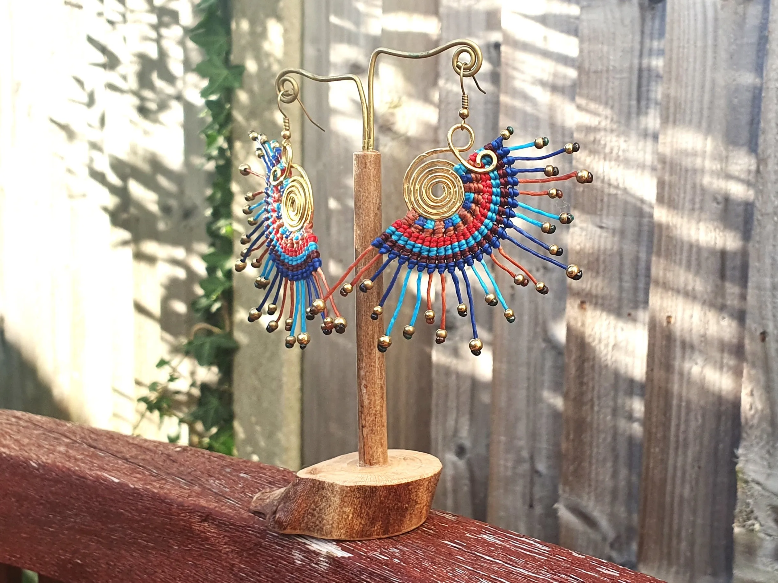 Macramé earrings, thai earrings,fan earrings,amazing gift,blue earrings,boho earrings,sunburst earrings,gold bead earrings,wire wrapped joy