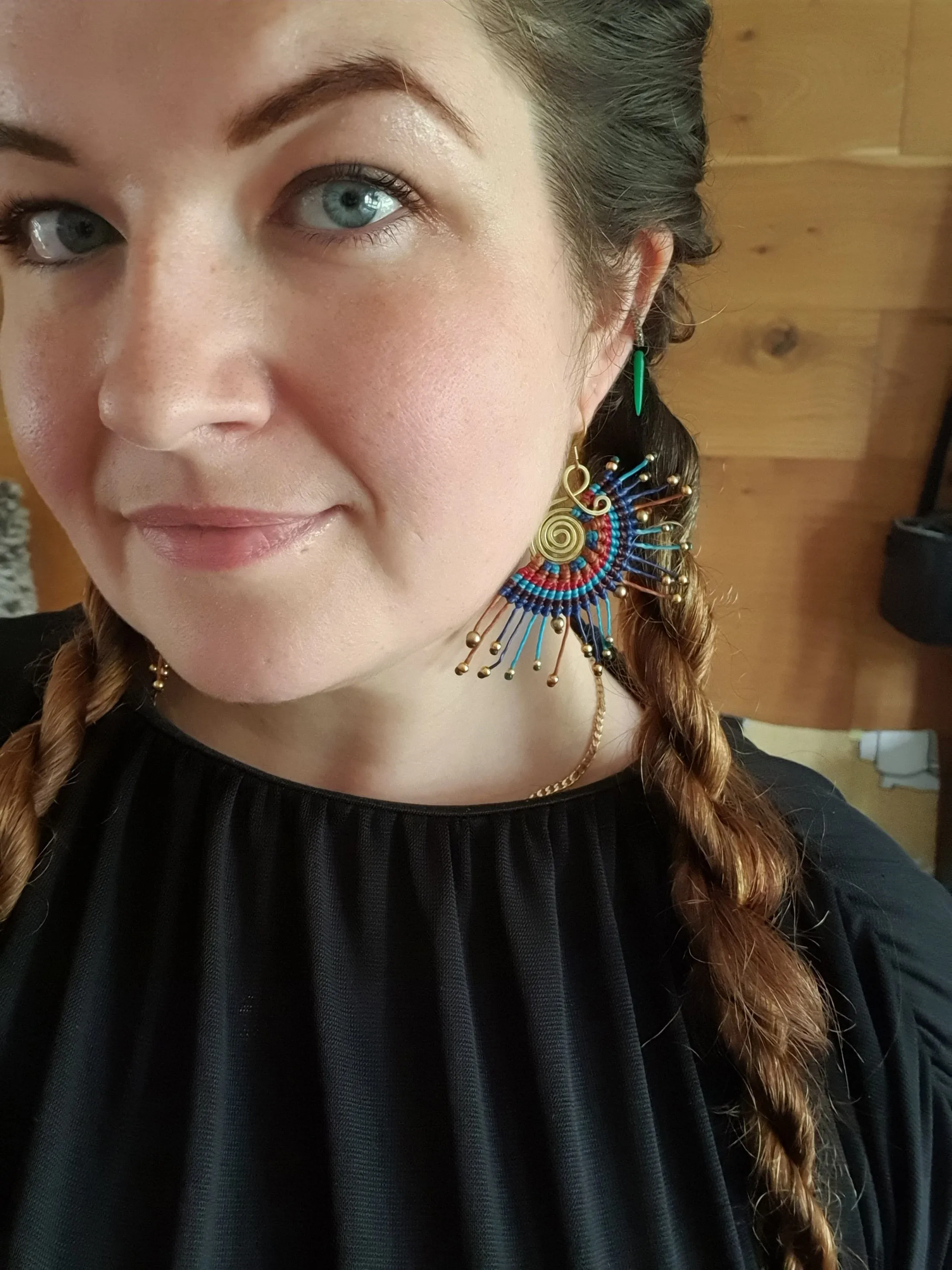 Macramé earrings, thai earrings,fan earrings,amazing gift,blue earrings,boho earrings,sunburst earrings,gold bead earrings,wire wrapped joy