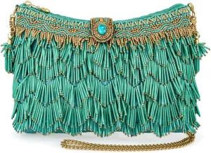 Mary Frances Shimmy Beaded Fringe Clutch Handbag  Boho Vegan Crossbody Purse with Zipper & Magnet Closure, Turquoise